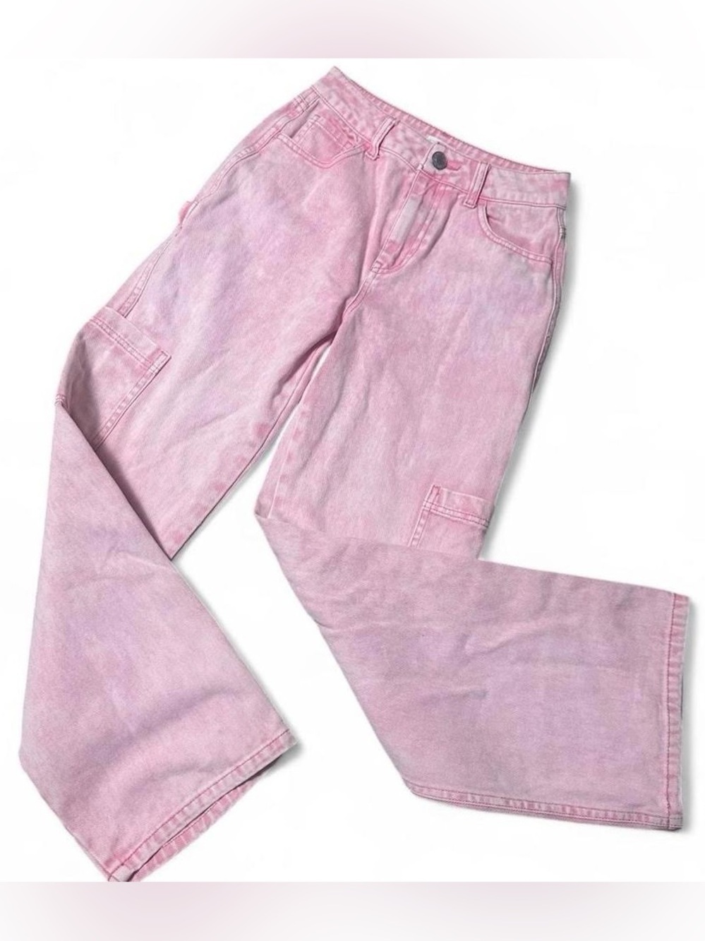 Pink Mineral Washed High Rise Straight Leg Cargo Jeans